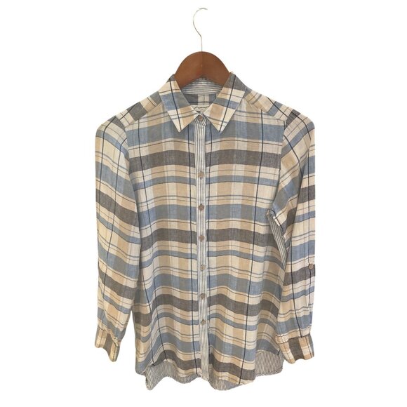 Foxcroft NYC Womens Relaxed Fit Plaid Button-Up Shirt Size 4 100% Linen Blue & B - Picture 1 of 6